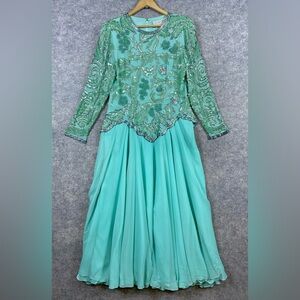 Lillie Rubin Vintage Heavy Beaded Dress 12 Green Maxi A-line Formal‎ Evening